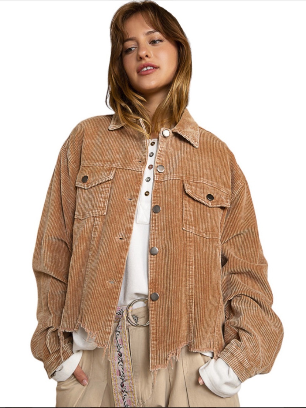 POL Clothing Frayed Hem Corduroy Trucker Jacket Teddy Bear Brown Womens Medium